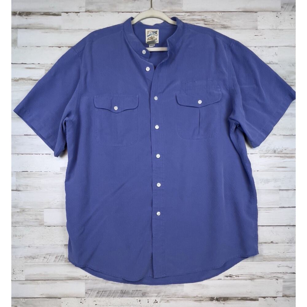 TravelSmith Mandarin Collar Shirt Mens XL Blue Check Short Sleeve Button Down